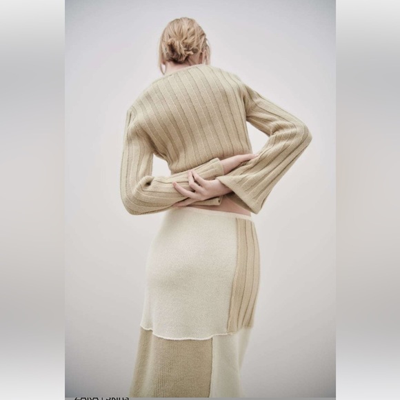 ZARA NEW WOMAN HIGH-WAIST LONG KNIT PATCHWORK SKIRT ECRU - Picture 4 of 7